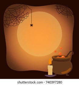 Halloween background with spider webs, old cast-iron vat of potion full of bubbles, lighted candle and moon silhouette vector illustration.