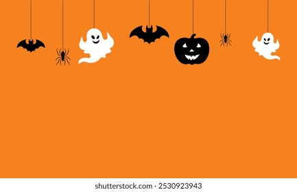 halloween background .spider.bat.Pumpkin .Ghost .Hollywood Decoration .floating .shirt and illustrator .orange background .vector design .