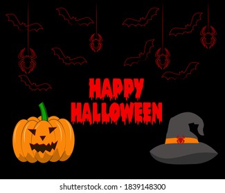 Halloween background with spiders, bats, pumpkin and witch hat