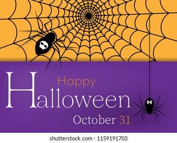 Halloween background of spiders with cobweb on yellow background and Happy Halloween October 31 text on purple background. Vector illustration.