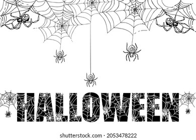 Halloween. Background with  Spiders and cobwebs illustration. Hand drawn ink vector.
