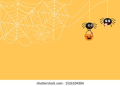 Halloween background with spiders hanging from a web vector illustration, funny cartoon character for Halloween celebration.
