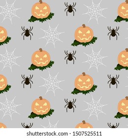 Halloween background with spiders, spider web, and pumpkin. Background for screensaver, project, announcement, scenery. Vector background for Halloween.