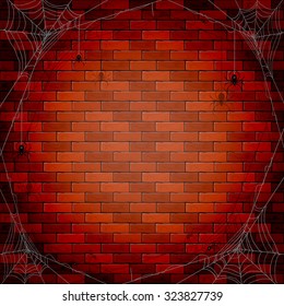 Halloween background with spiders and spiderweb on a brick wall, illustration.