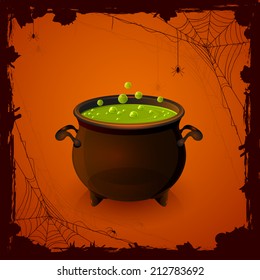 Halloween background with spiders and witches cauldron with potion, illustration.