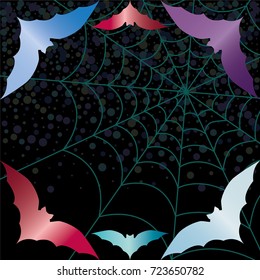 Halloween background. Spiderweb and bats isolated on black. Halloween frame.