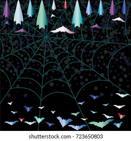 Halloween background. Spiderweb and bats isolated on black. Halloween frame.