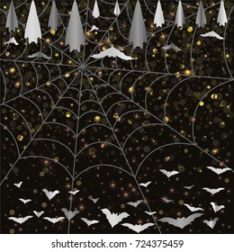 Halloween background. Spiderweb and bats on a shimmery background. Halloween frame.
