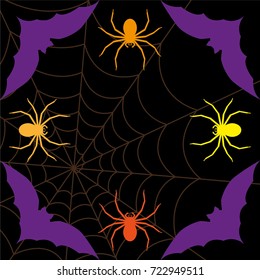 Halloween background. Spiderweb, bats, and a spider isolated on black. Halloween frame.