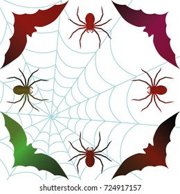 Halloween background. Spiderweb, bats, and a spider isolated on white. Halloween frame.