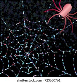 Halloween background. Spiderweb covered in raindrops and a spider on red background. Halloween frame.