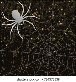 Halloween background. Spiderweb and a spider on a shimmery background. Halloween frame.
