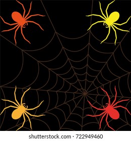 Halloween background. Spiderweb and spiders isolated on black. Halloween frame.