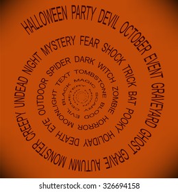 Halloween background. Spiral cloud of words about Halloween, evil, witches and black magic. Vector illustration. Orange and back.
