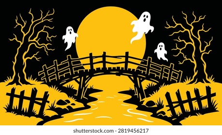Halloween background with a spooky bridge, bare trees, ghosts, and a large full moon in the night sky, vector illustration for holiday party invitation or greeting card design