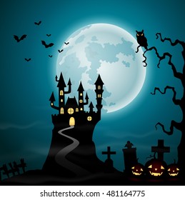 Halloween background with spooky castle and graveyard