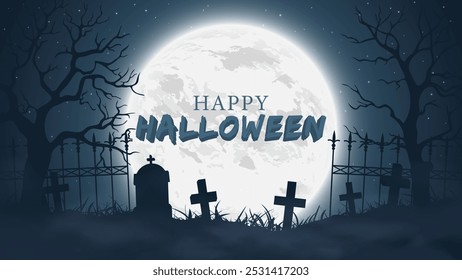 Fondo de Halloween. Cementerio espeluznante por la noche. Ilustración vectorial