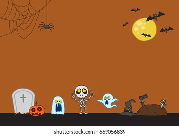 Halloween Background -spooky eyes, flying bats, skeleton, ghost, cobweb, graves, and a huge moon -plenty of copy space