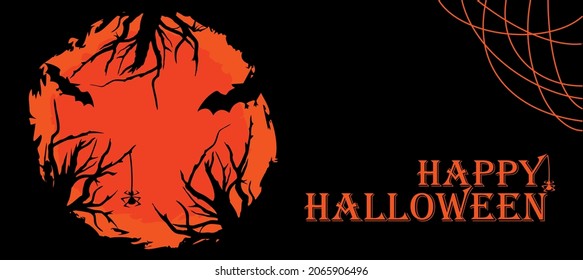 Halloween background with a spooky forest against the backdrop of a bloody full moon. Bats and curved branches, orange glow of the moon on a black background. Happy halloween lettering.