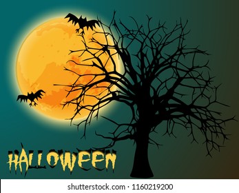 Halloween background. Spooky forest with dead trees , moon and bat. Halloween design with Trail through a mysterious dark old forest in fog. Autumn morning in Crimea. Magical atmosphere. Fairytale
