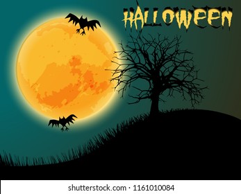 Halloween background. Spooky forest with dead trees , moon and bat. Halloween design with Trail through a mysterious dark old forest in fog. Autumn morning in Crimea. Magical atmosphere. Fairytale