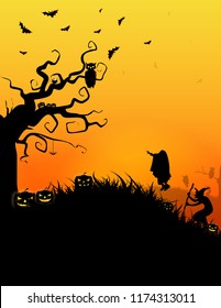 Halloween background. Spooky forest with dead trees and pumpkins and wooden table. Wood table. Halloween design with pumpkins