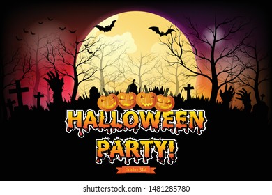 Halloween background. Spooky forest with full moon and grave.