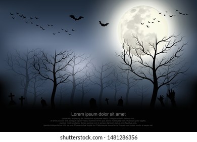 Halloween background. Spooky forest with full moon and grave.