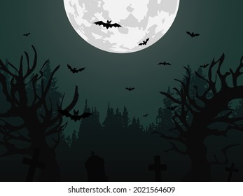 Halloween background. Spooky forest and graveyard. Full moon and bats. Vector illustration