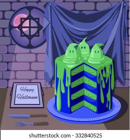 Halloween background with spooky ghost cake placed in medieval castle at midnight. Event poster, greeting card, part of game design. 
