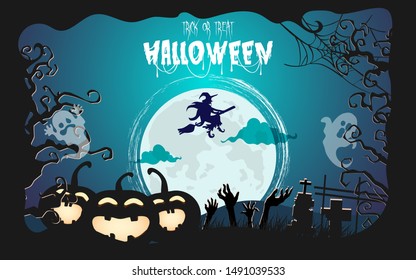 halloween background with spooky graveyard and full moon