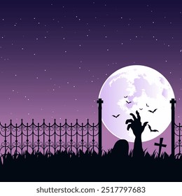 Halloween Background With Spooky Graveyard Inside the Cemetery Fence Under Full Moon