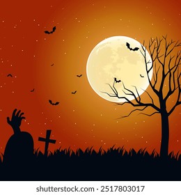 Halloween Background With Spooky Graveyard And Silhouette Of Tree Under Full Moon