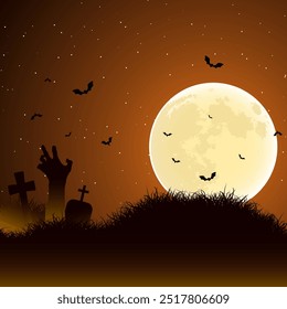 Halloween Background With Spooky Graveyard Under Full Moon