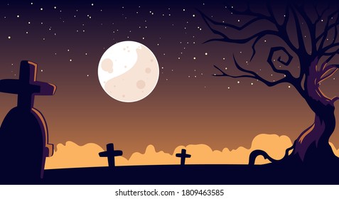 halloween background with spooky graveyard vector illustration design