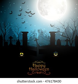 Halloween background with spooky graveyard. Vector illustration 