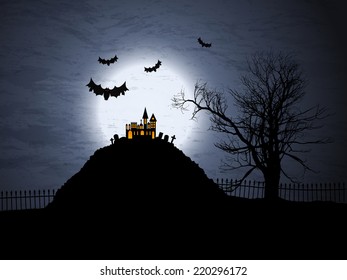 Halloween background with spooky house and bats