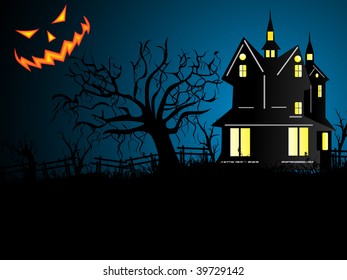 halloween background with spooky house, dead tree