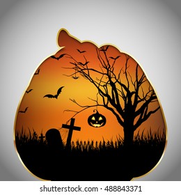 Halloween background with spooky landscape and pumpkin cut out shape