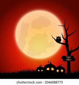 halloween background with spooky landscape with pumpkins owl tree