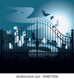 Halloween background with spooky old graveyard with iron gate.