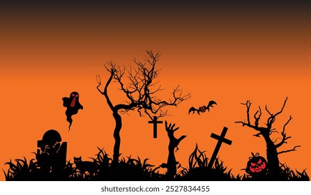 halloween background Spooky orange Silhouette hand zombies corpse, graveyard, ghost, pumpkin