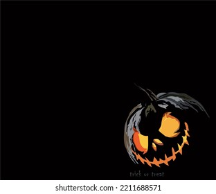 Halloween background. Spooky pumpkin with black color and dark forest. Halloween design with copyspace