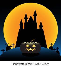 Halloween background, spooky pumpkin in cemetery  front silhouette castle