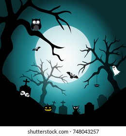 Halloween background. Spooky pumpkin with moon and grave in dark forest. Halloween design with copyspace