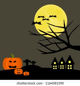 Halloween background, spooky pumpkin on tomb and the bat flying on the sky at full moon night