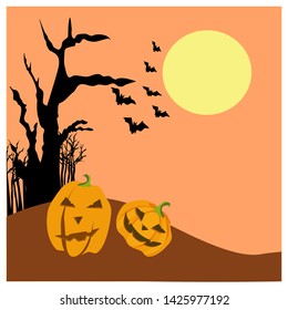 Halloween background. spooky pumpkin on the hill with full moon. It is provide copy space.