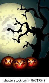 Halloween background with spooky pumpkins and black cat in the moonlight