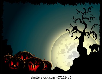 Halloween background with spooky pumpkins and black cat in the moonlight