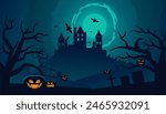 halloween background with spooky pumpkins, full moon, graveyard, and castle